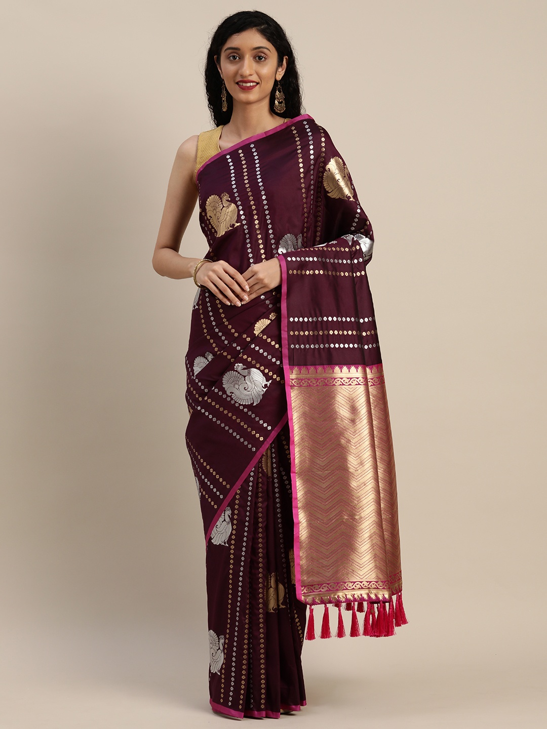 

VASTRANAND Burgundy Silk Blend Woven Design Banarasi Saree