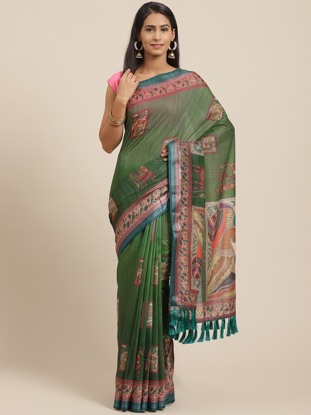 

VASTRANAND Green Kalamkari Print Saree