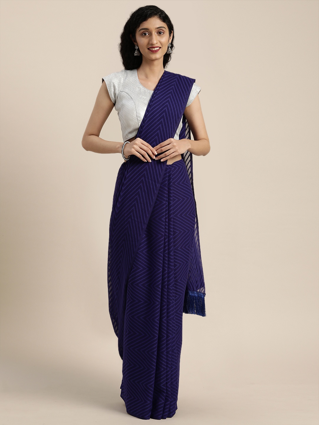 

VASTRANAND Navy Blue Woven Design Poly Georgette Saree