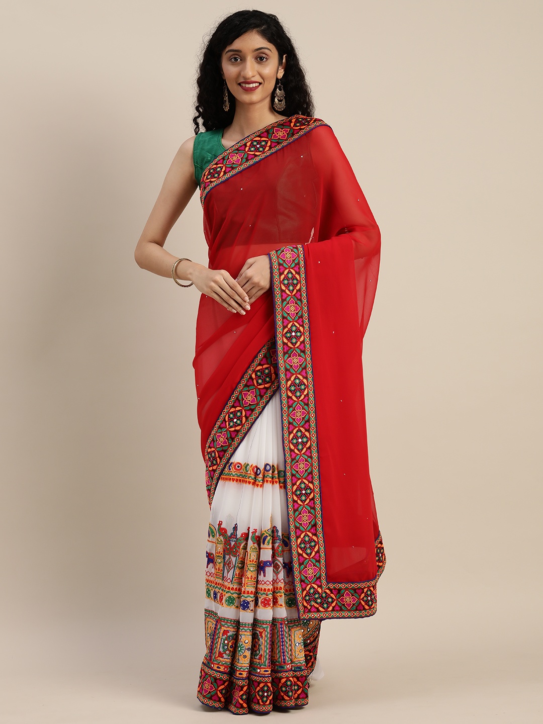 

VASTRANAND Red & White Poly Georgette Embroidered Saree