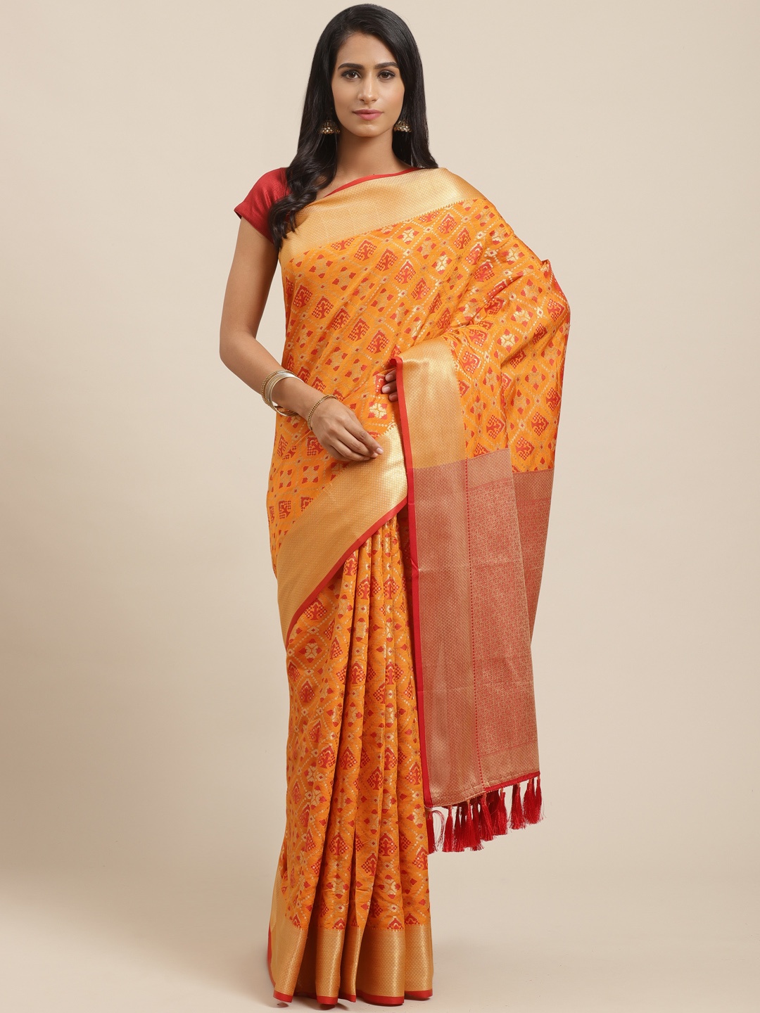

VASTRANAND Orange & Red Zari Woven Design Patola Saree, Mustard