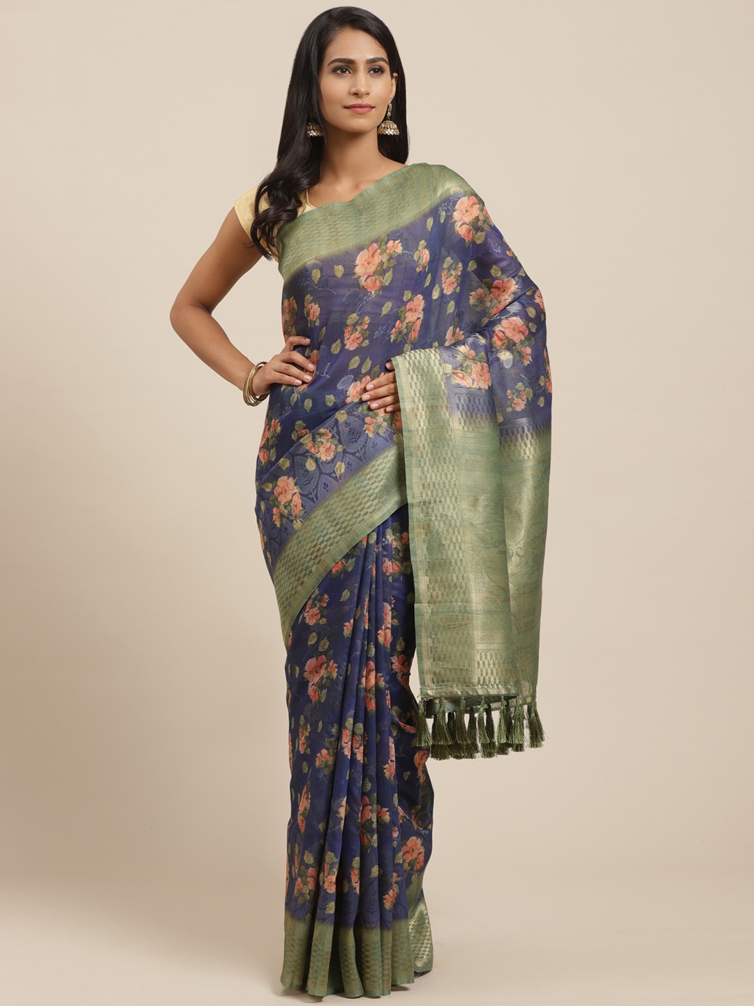 

VASTRANAND Blue & Peach-Coloured Printed Banarasi Saree