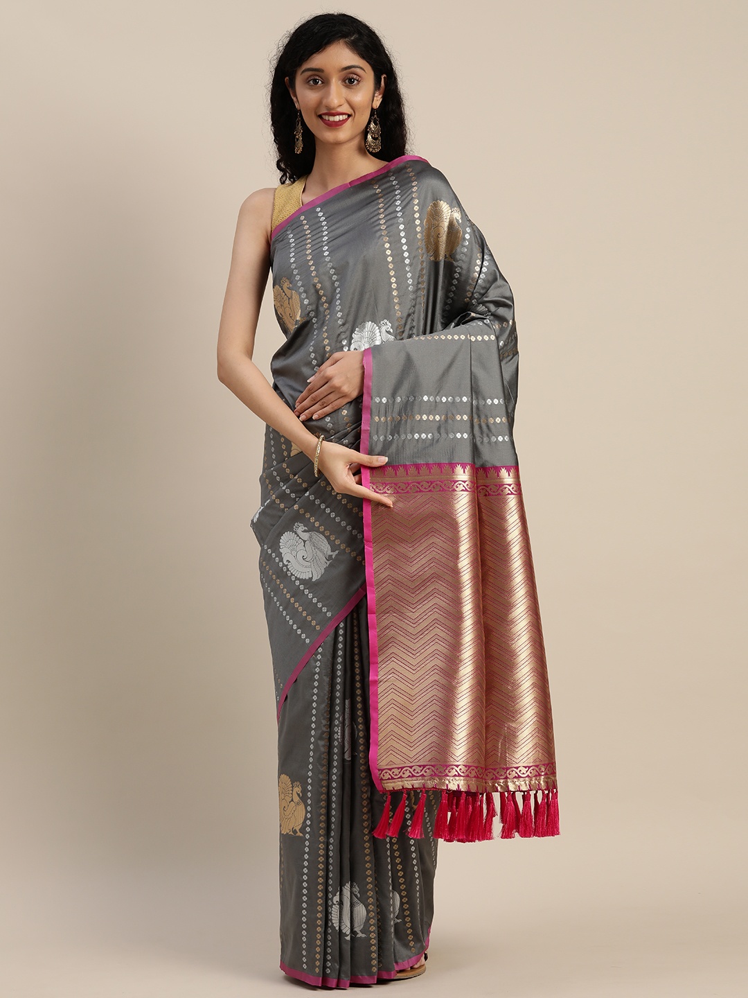 

VASTRANAND Grey Silk Blend Woven Design Banarasi Saree