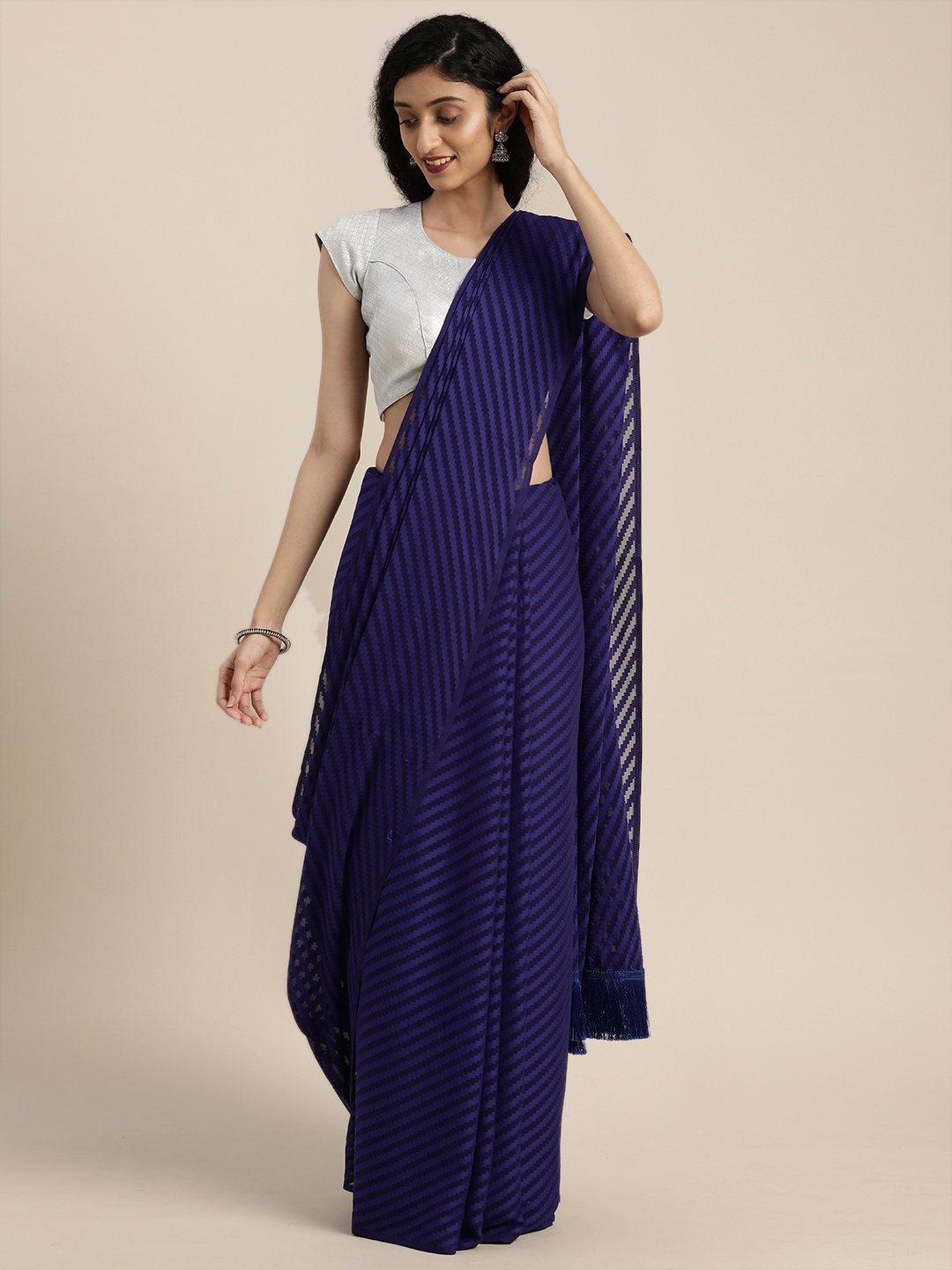 

VASTRANAND Navy Blue Woven Design Poly Georgette Saree