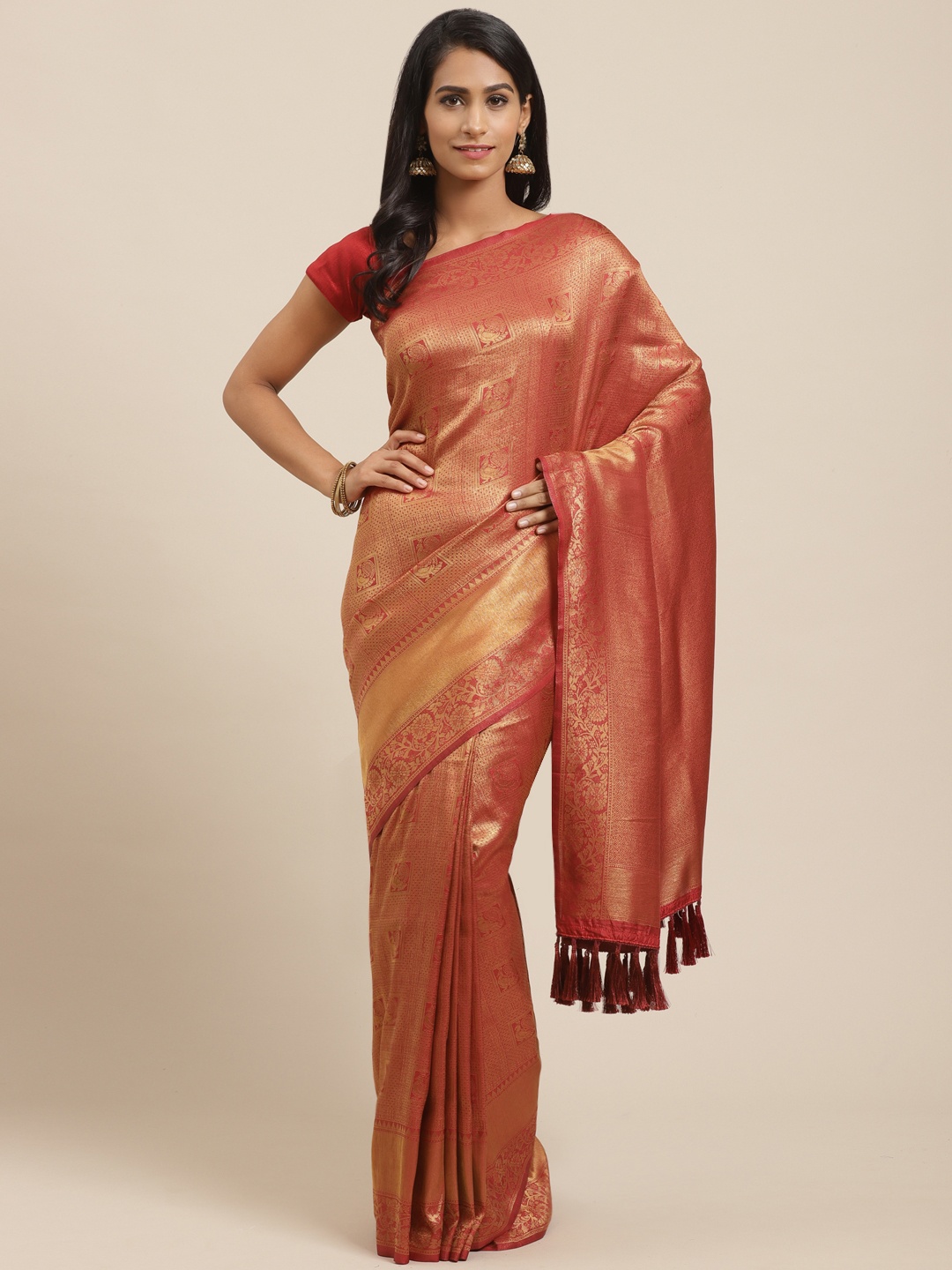 

VASTRANAND Maroon & Golden Woven Design Banarasi Saree