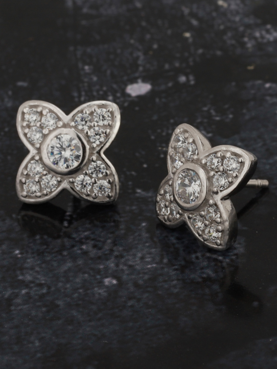 

Carlton London Silver-Toned Rhodium-Plated CZ-Studded Floral Studs