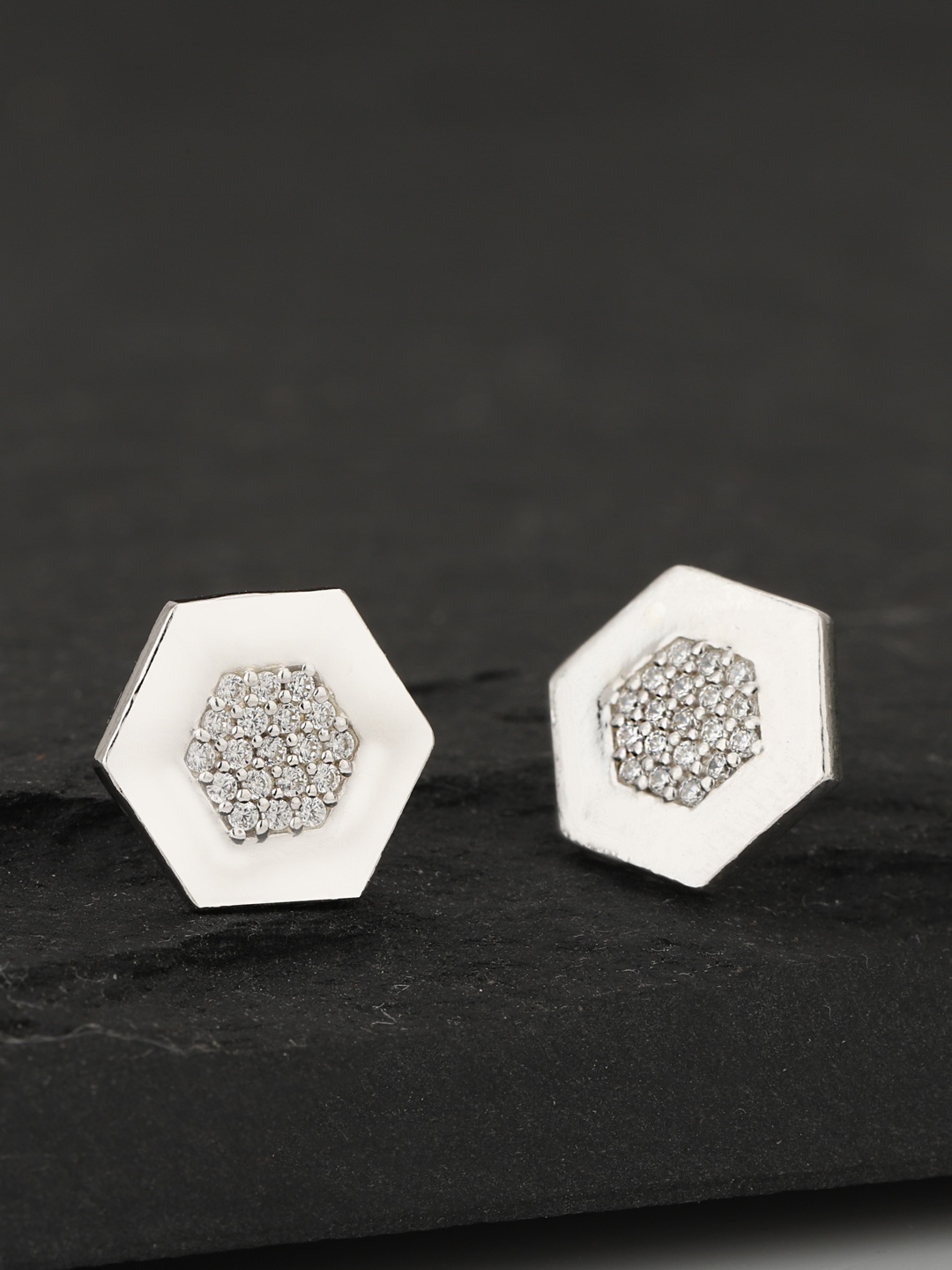 

Carlton London Silver-Toned Rhodium-Plated CZ-Studded Geometric Studs