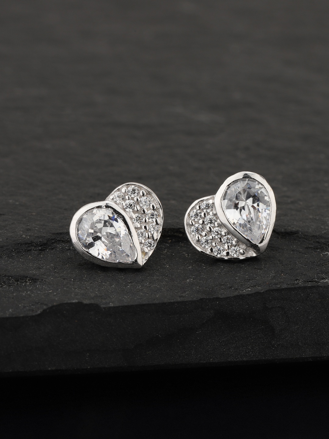 

Carlton London Silver-Toned Rhodium-Plated CZ-Studded Heart Shaped Studs