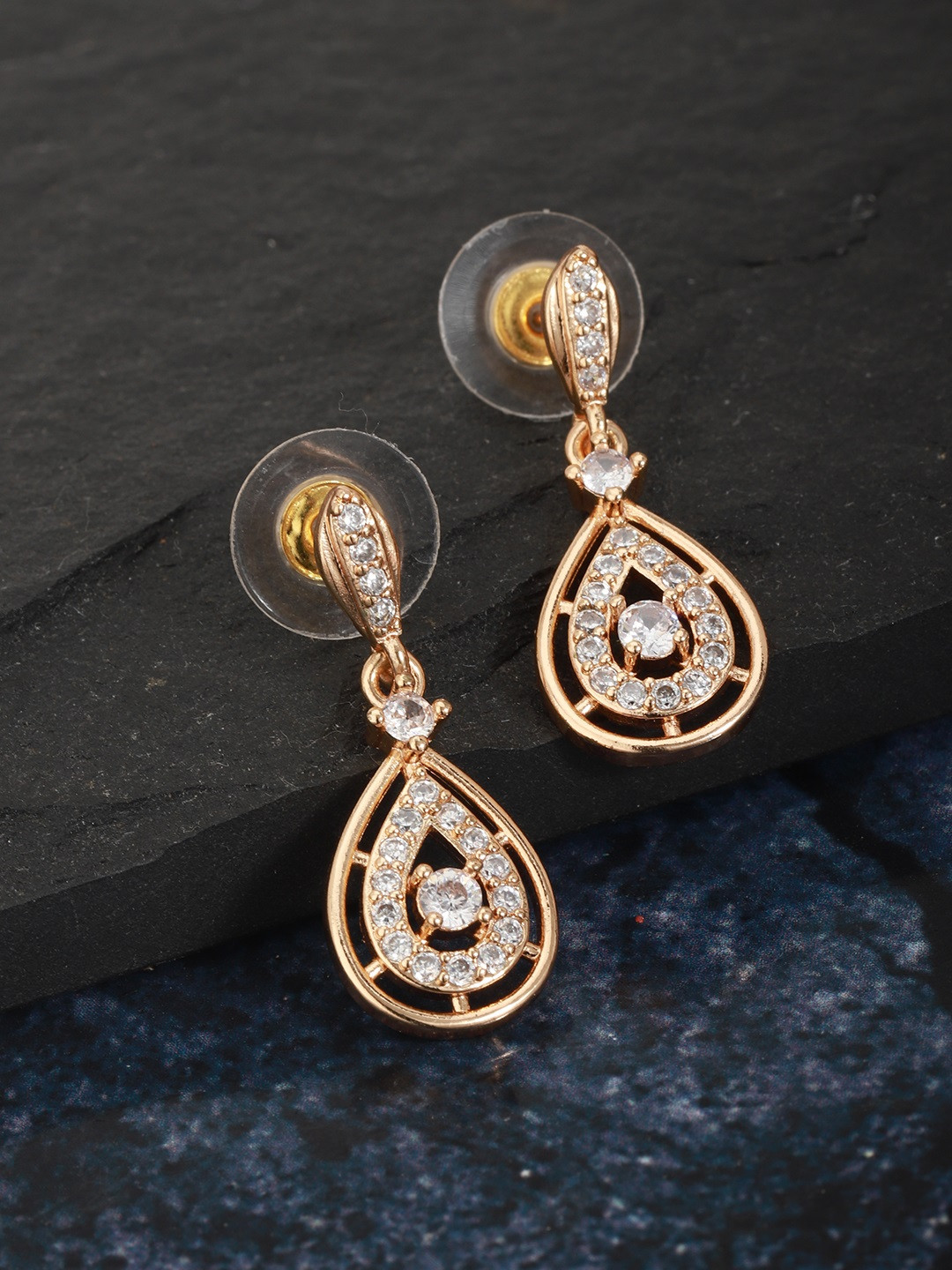 

Carlton London Gold-Plated CZ Studded Teardrop Shaped Drop Earrings