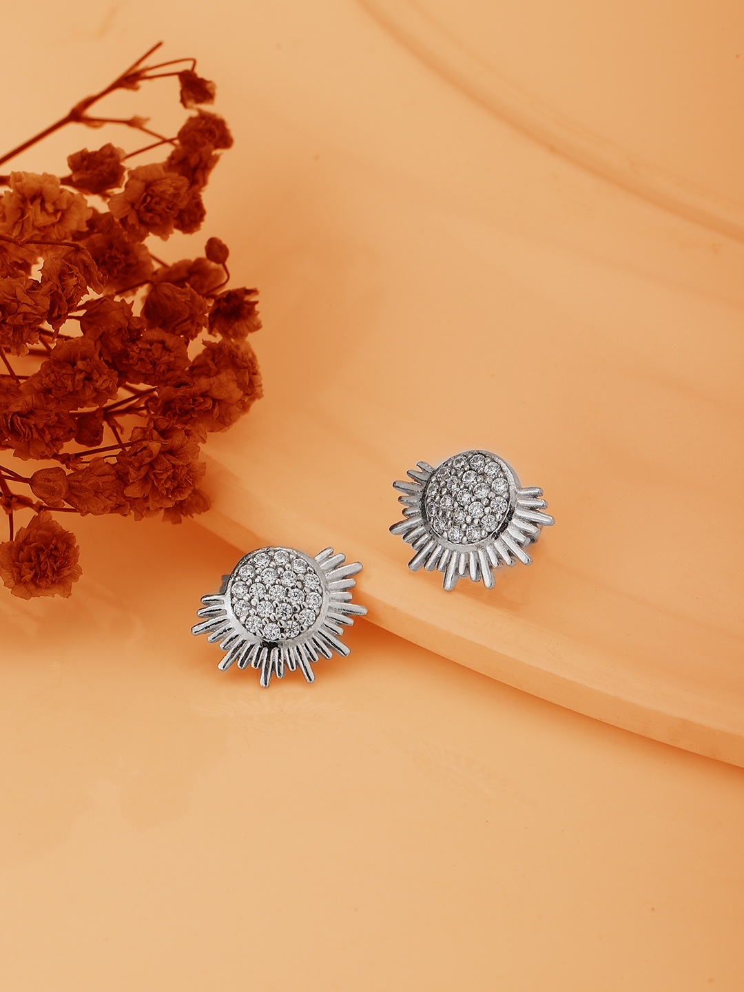 

Carlton London Silver-Toned Rhodium-Plated CZ Studded Spiked Studs