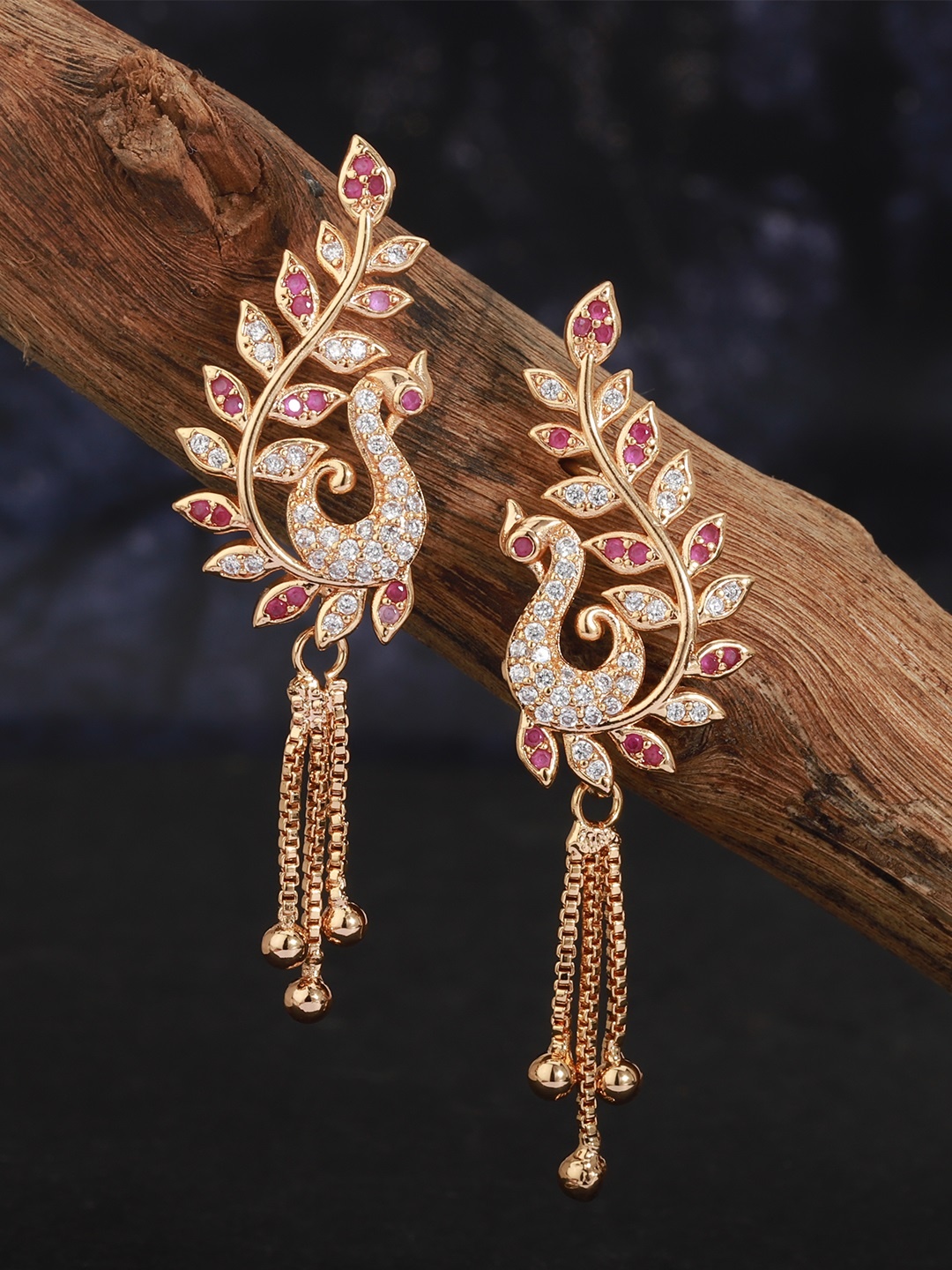

Carlton London Magenta Gold-Plated CZ Studded Peacock Shaped Drop Earrings