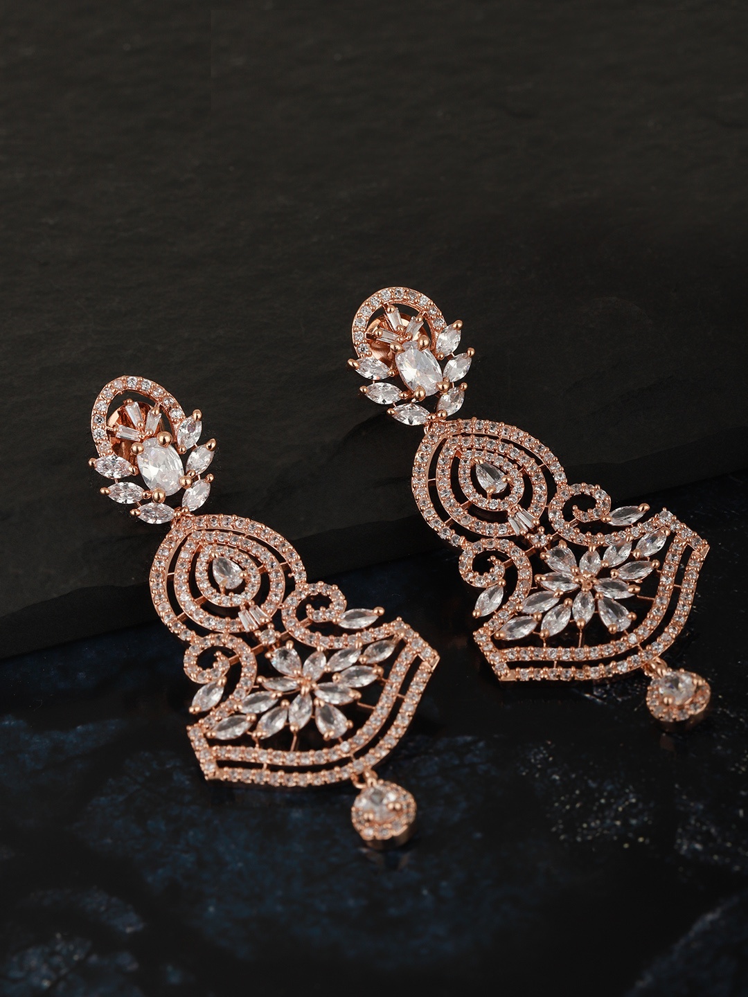 

Carlton London Rose Gold-Plated CZ Studded Contemporary Drop Earrings