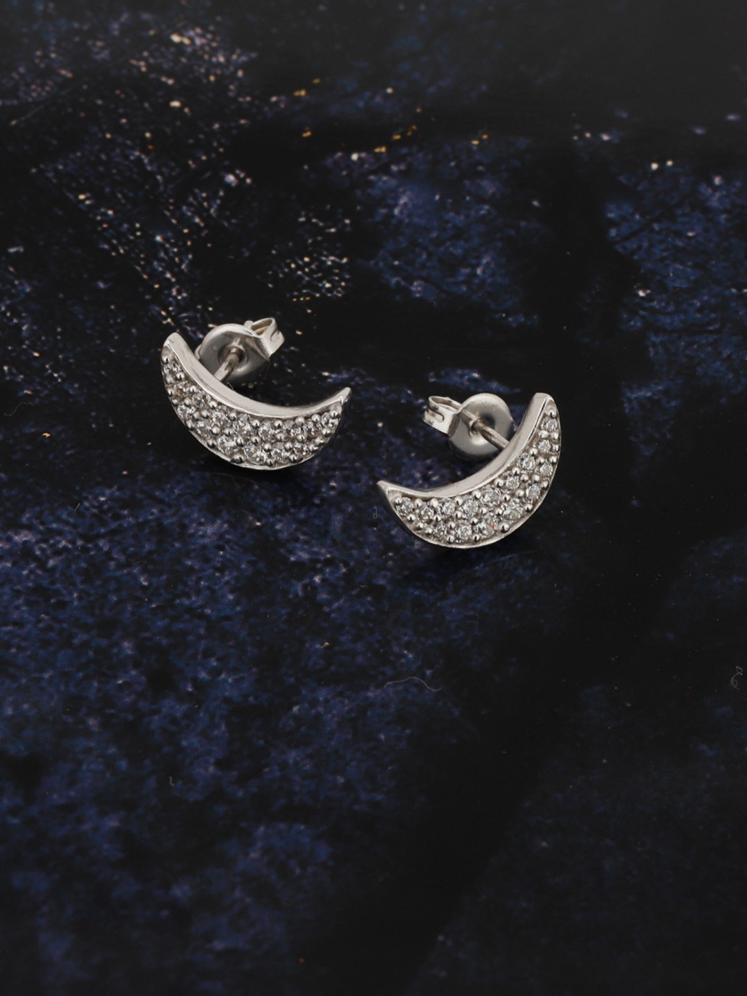 

Carlton London Silver-Toned Rhodium-Plated CZ Studded Crescent Shaped Studs