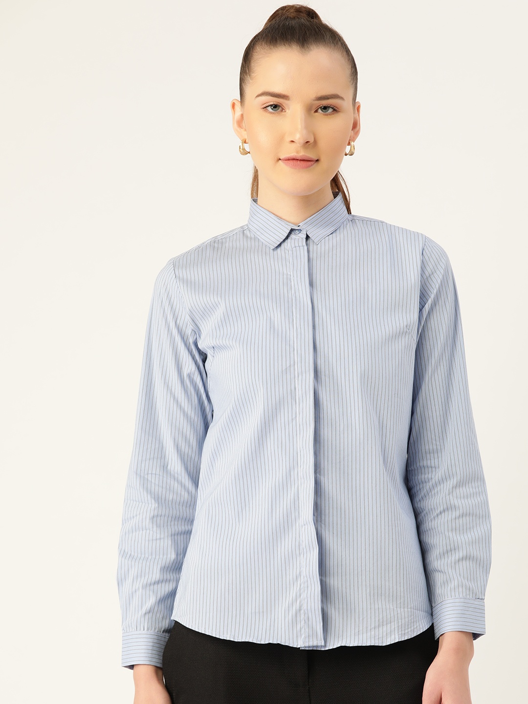 

Hancock Women Blue Slim Fit Striped Formal Shirt