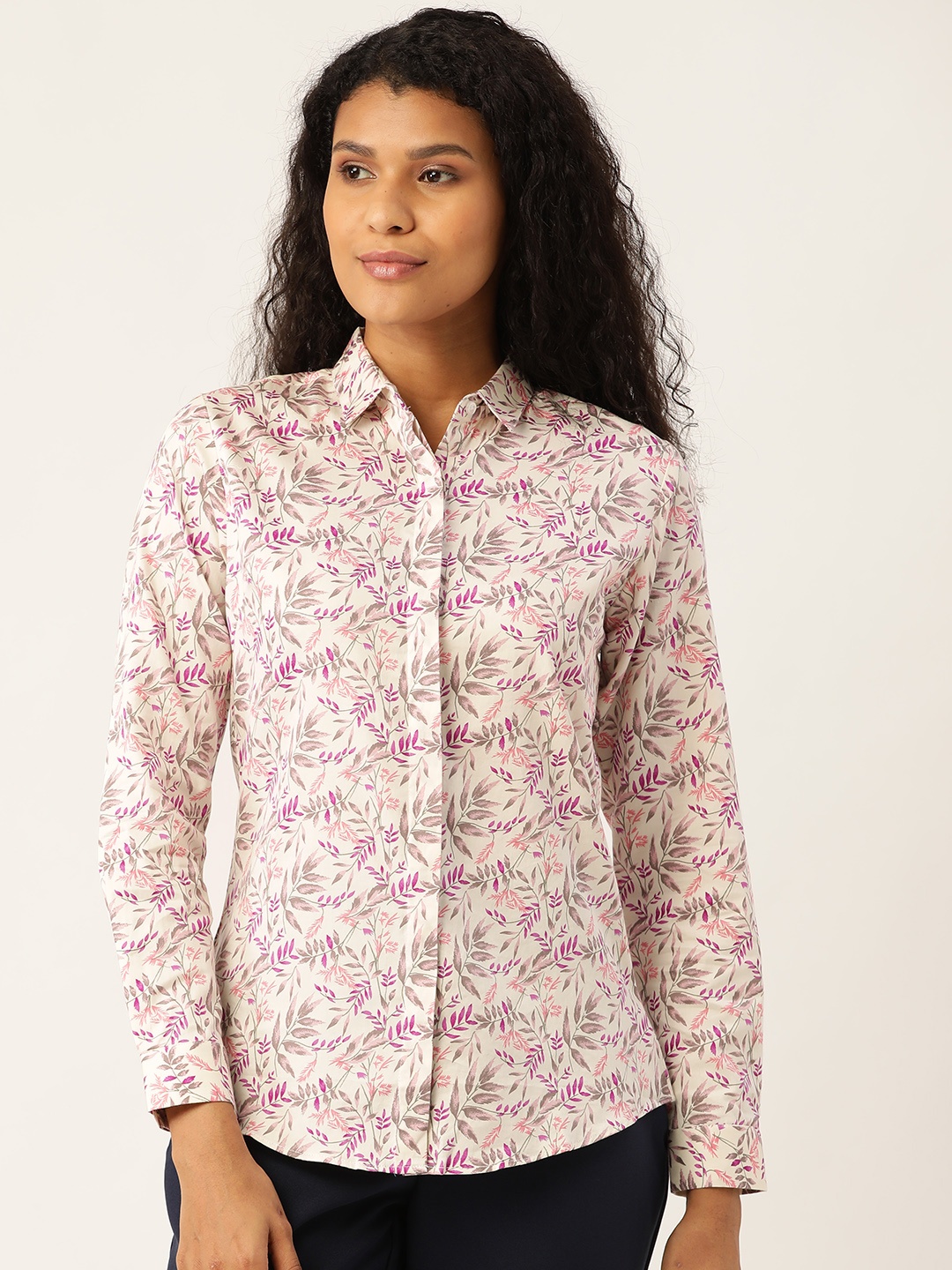 

Hancock Women Off-White & Purple Slim Fit Tropical Print Formal Shirt