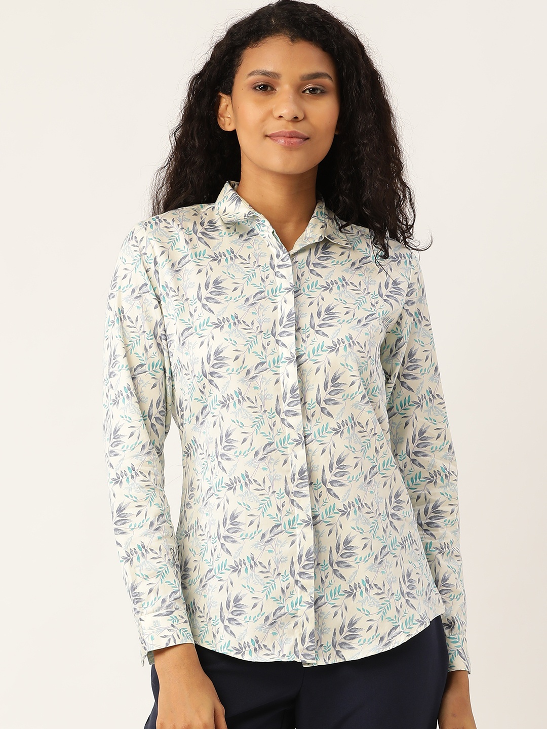 

Hancock Women Off-White & Blue Slim Fit Tropical Print Formal Shirt