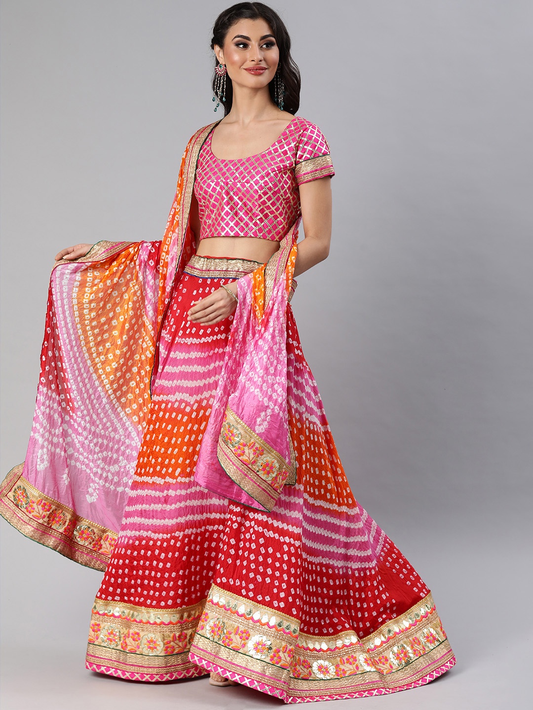 

Geroo Jaipur Hand Dyed Multicolor Bandhani Silk Stitched Lehenga With Dupatta, Red