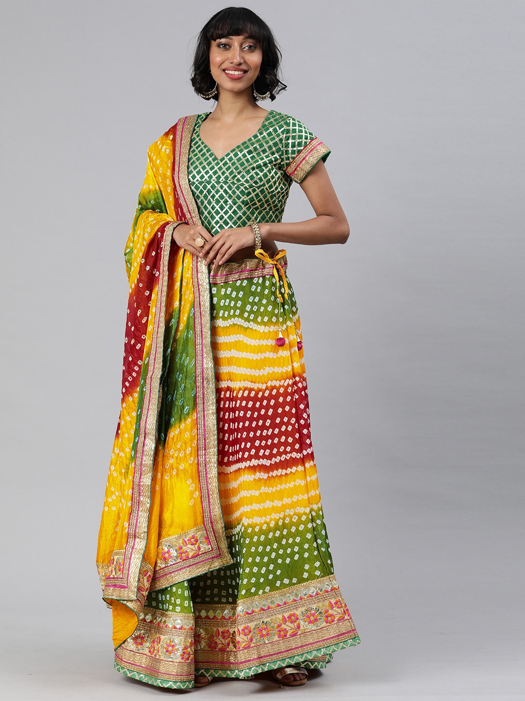 

Geroo Jaipur Multicolor Hand Dyed Silk Bandhani Lehenga Set with Dupatta, Green