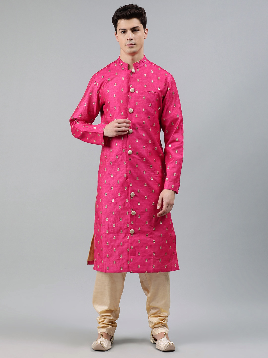 

Ethnovog Men Pink Beige Embroidered Made to Measure Kurta with Churidar
