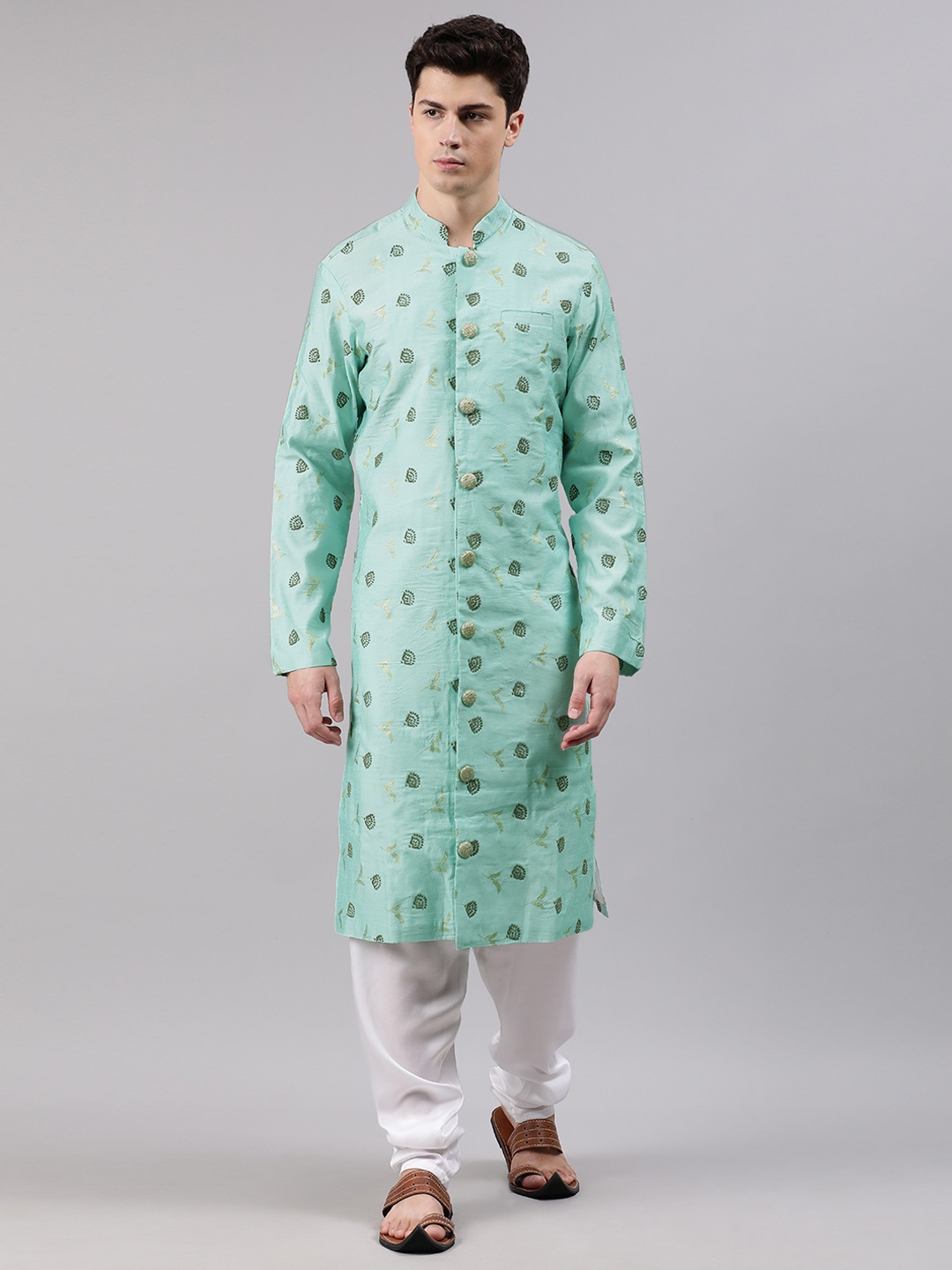 

Ethnovog Men Blue White Printed Made To Measure Kurta with Churidar