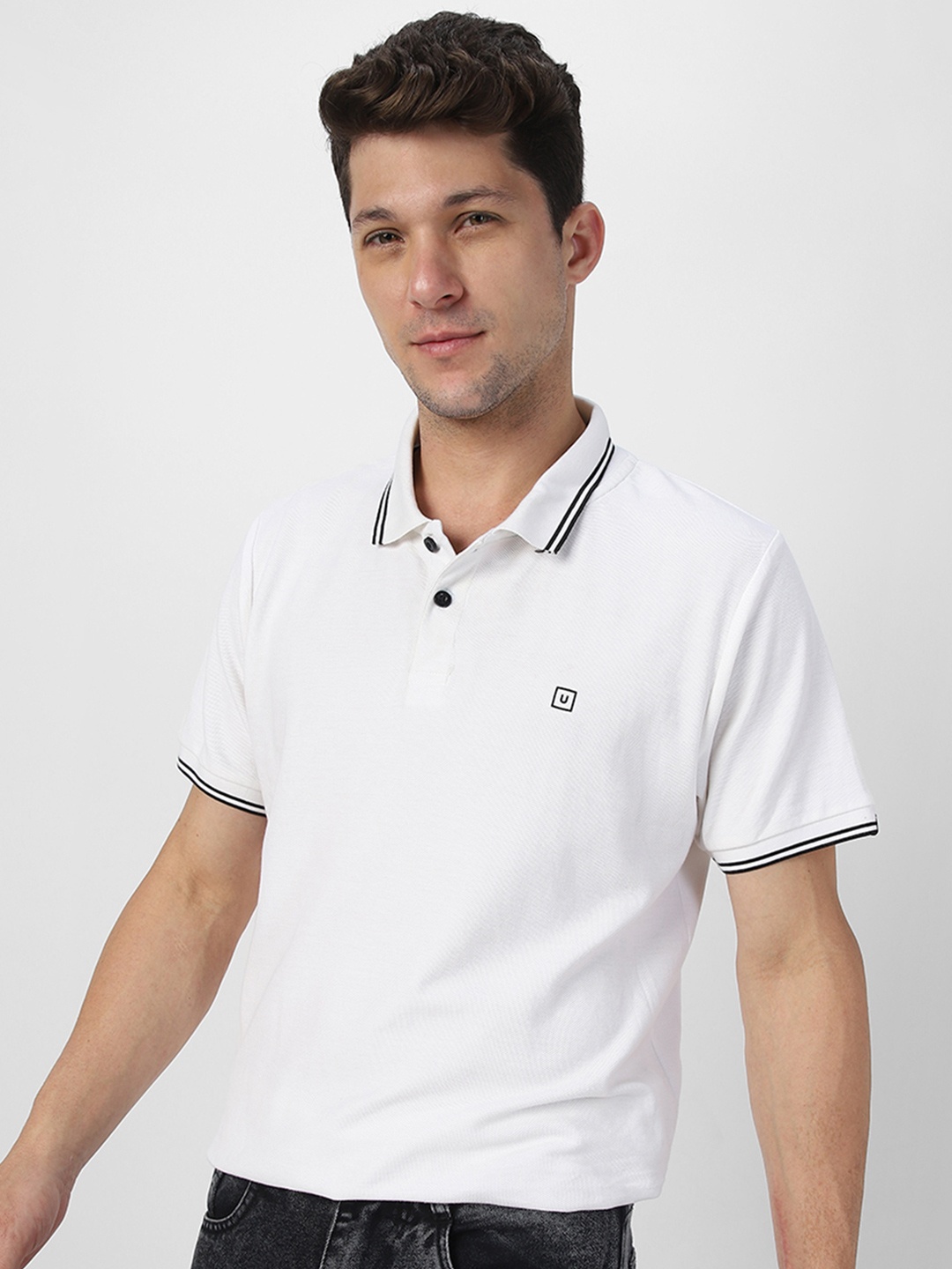 

Urbano Fashion Men White Solid Slim Fit Polo Collar Pure Cotton T-shirt