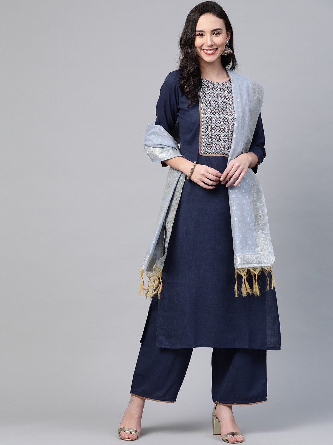 

Indo Era Women Navy Blue & White Yoke Design Kurta with Palazzos