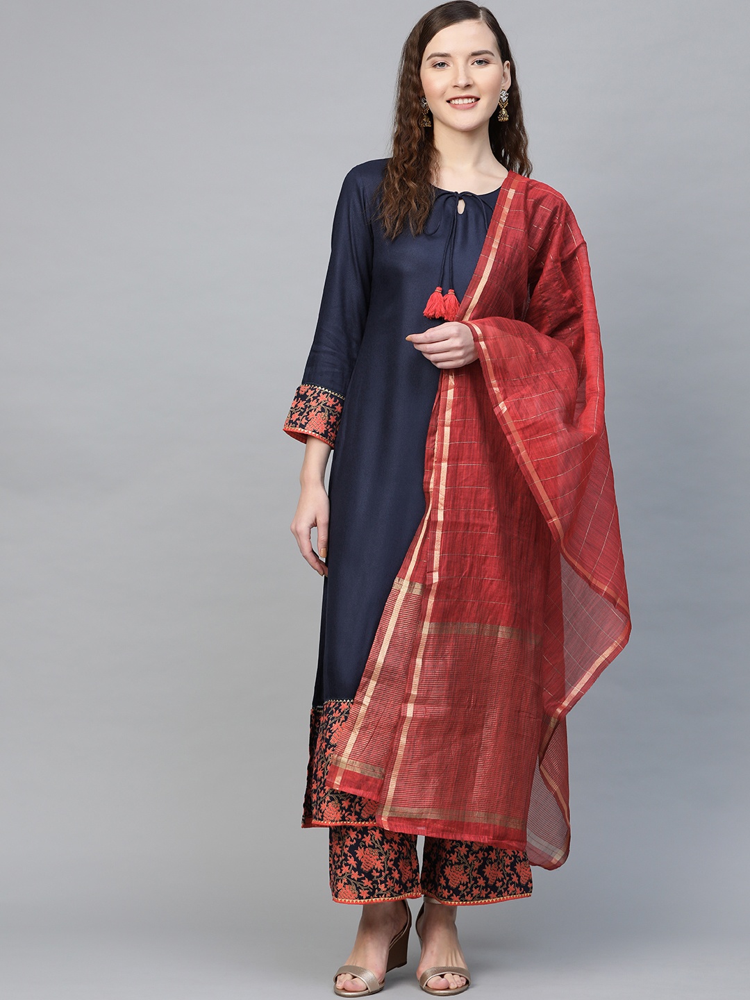 

Indo Era Women Navy Blue & Coral Red Printed Detail Kurta with Palazzos & Dupatta