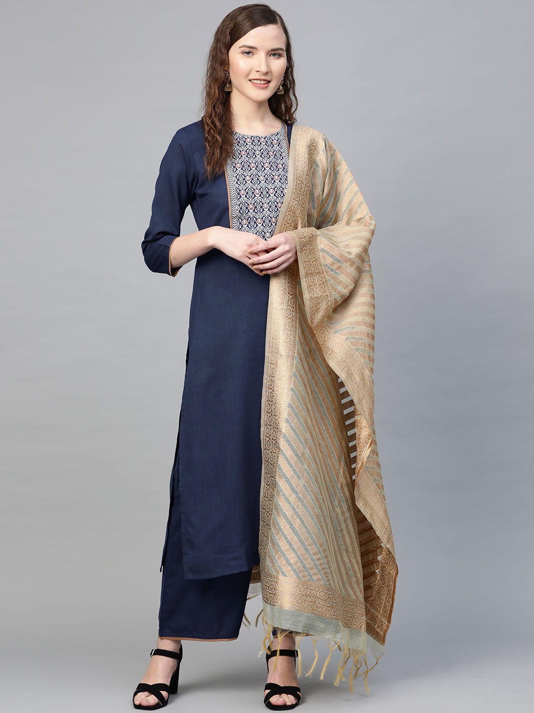 

Indo Era Women Navy Blue & Off-White Yoke Design Kurta with Palazzos & Dupatta