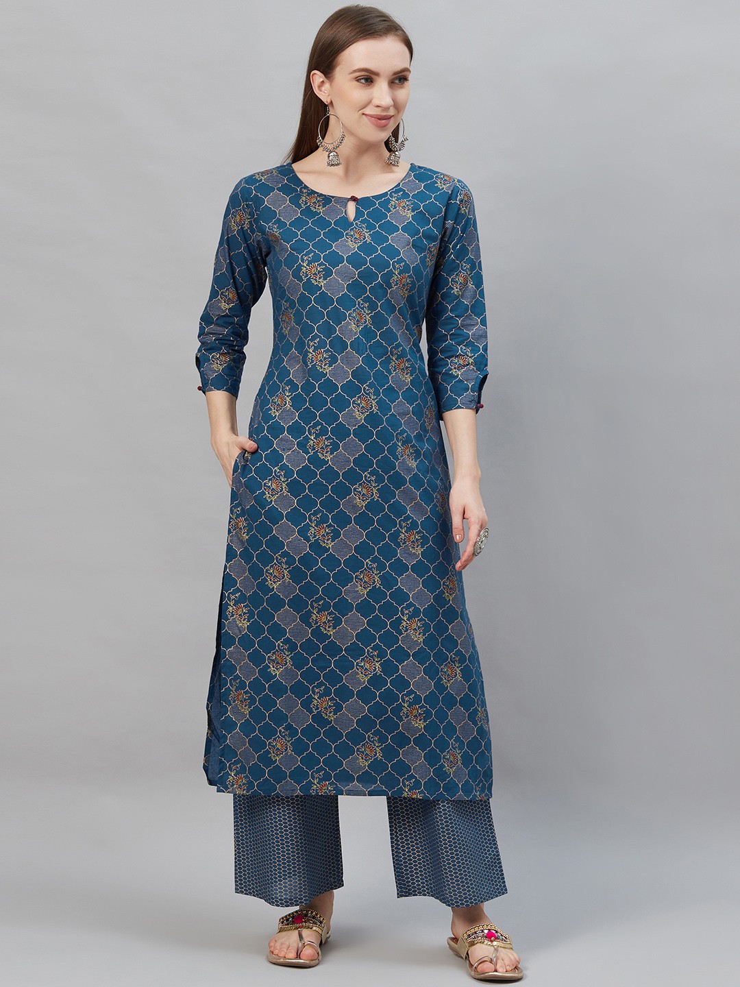 

Indo Era Women Teal Blue & Golden Foil Printed Kurta with Palazzos