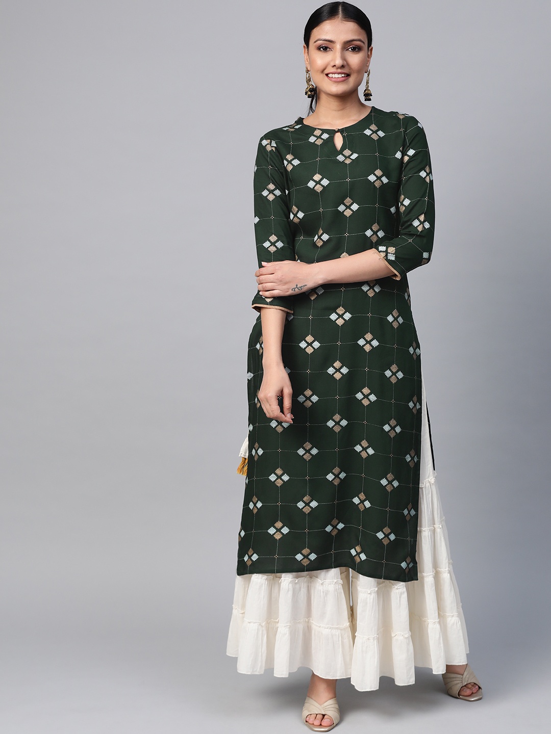 

Indo Era Women Green & Golden Screen Printed Straight Kurta