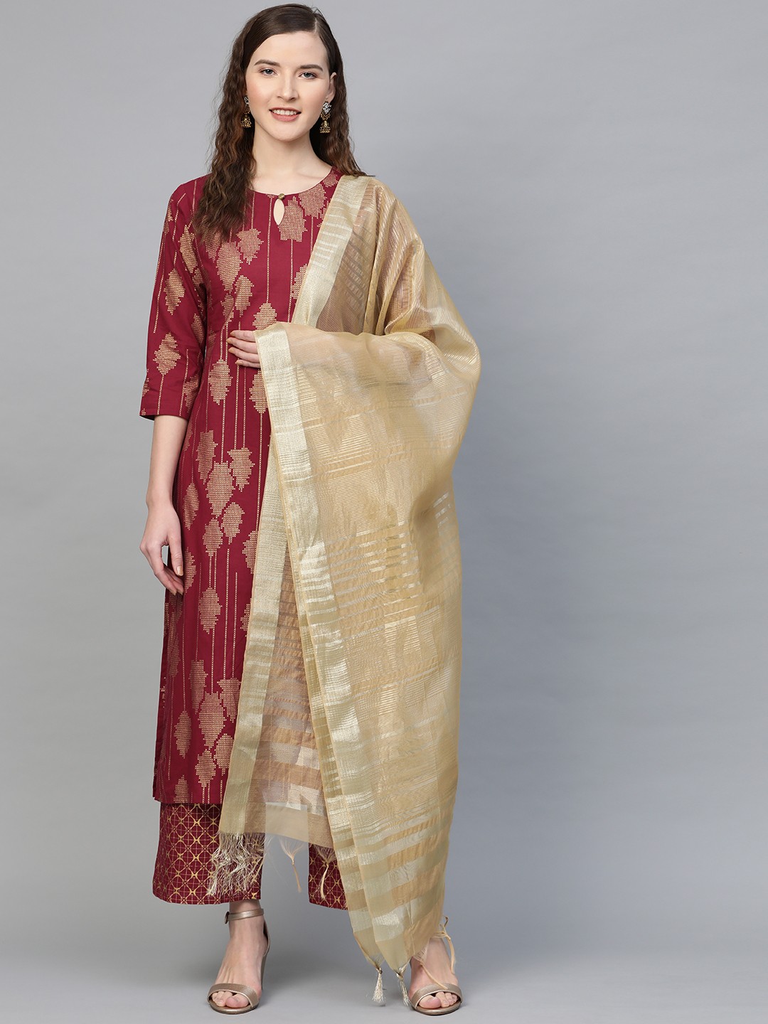 

Indo Era Women Maroon & Golden Foil Print Kurta with Palazzos & Dupatta