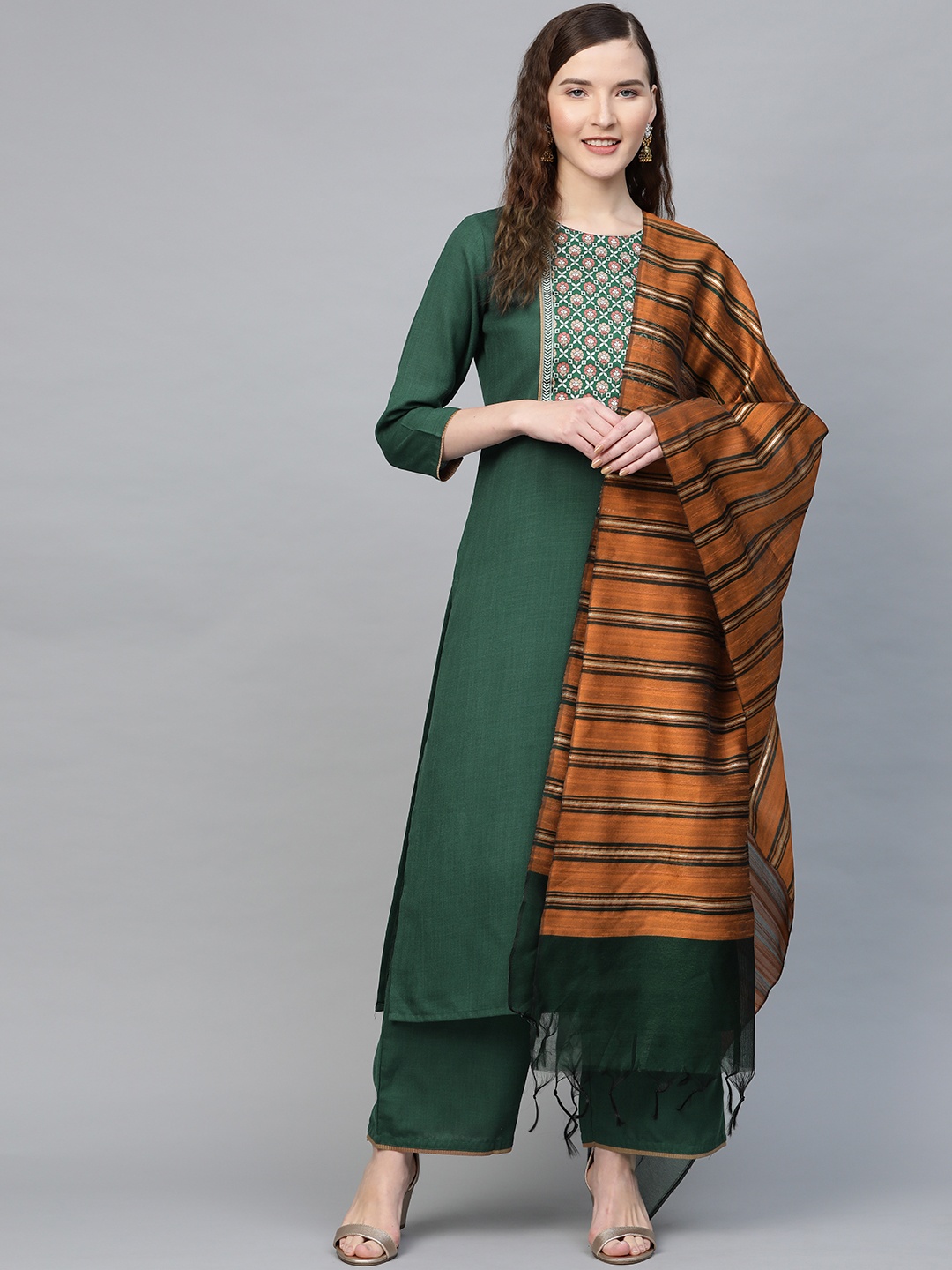 

Indo Era Women Green & Rust Orange Yoke Design Kurta with Palazzos & Dupatta