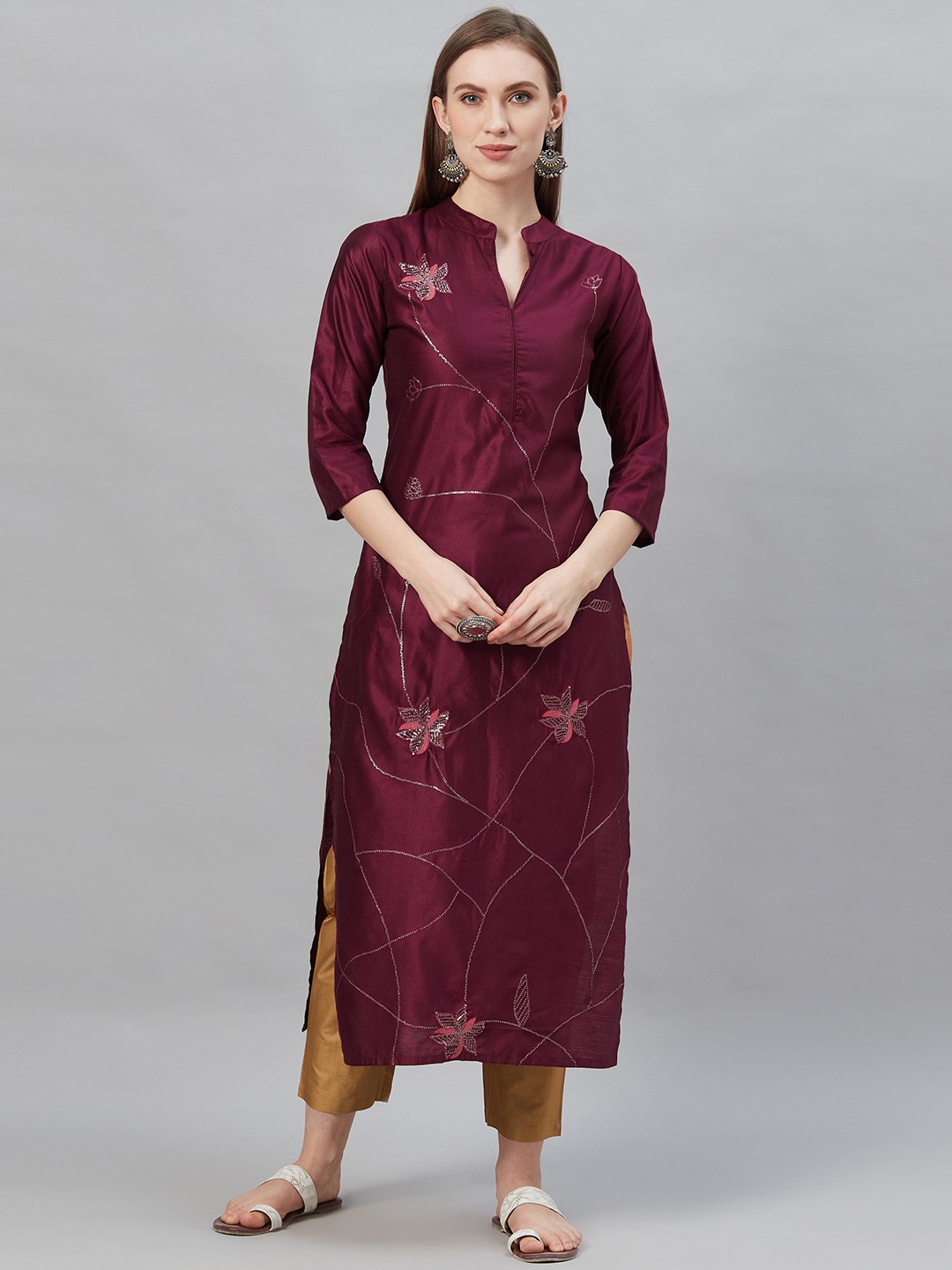 

Indo Era Women Burgundy & Mustard Brown Sequence Embellished Kurta with Trousers