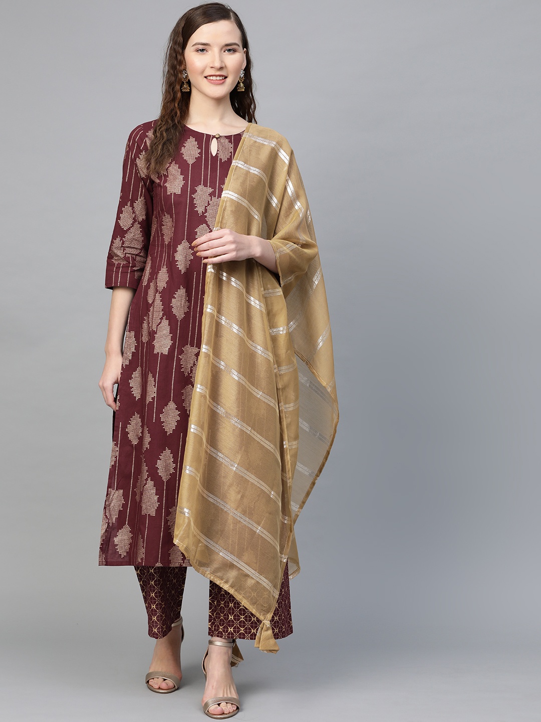

Indo Era Women Burgundy & Golden Foil Print Kurta with Palazzos & Dupatta