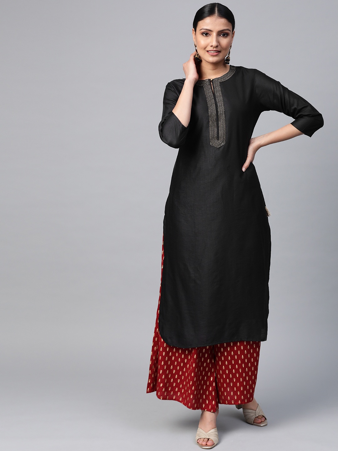 

Indo Era Women Black Zari Yoke Design Straight Kurta