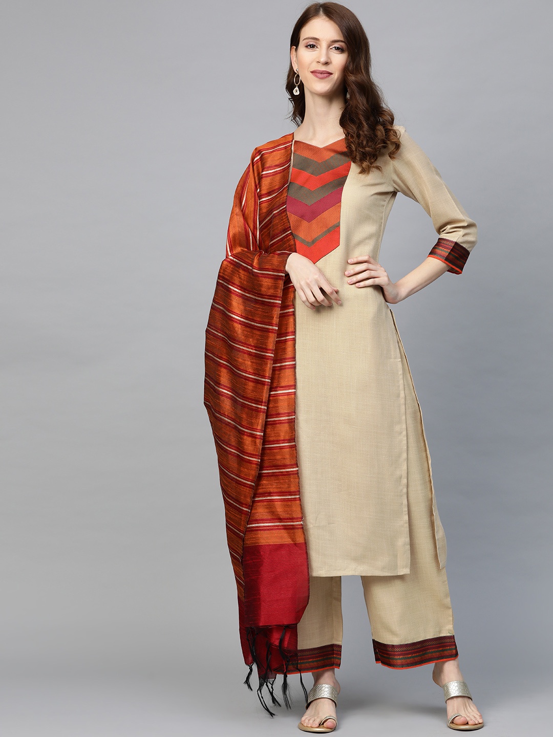 

Indo Era Women Beige & Rust Orange Yoke Design Kurta with Palazzos & Dupatta