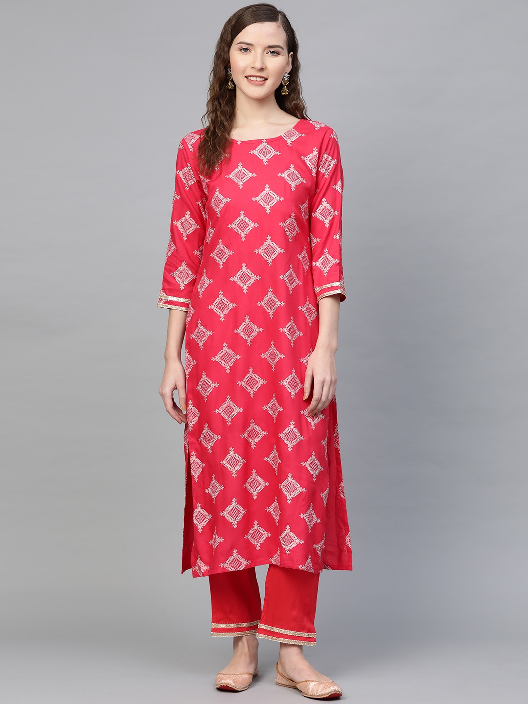 

Indo Era Women Pink & Off-White Foil Printed Kurta with Trousers
