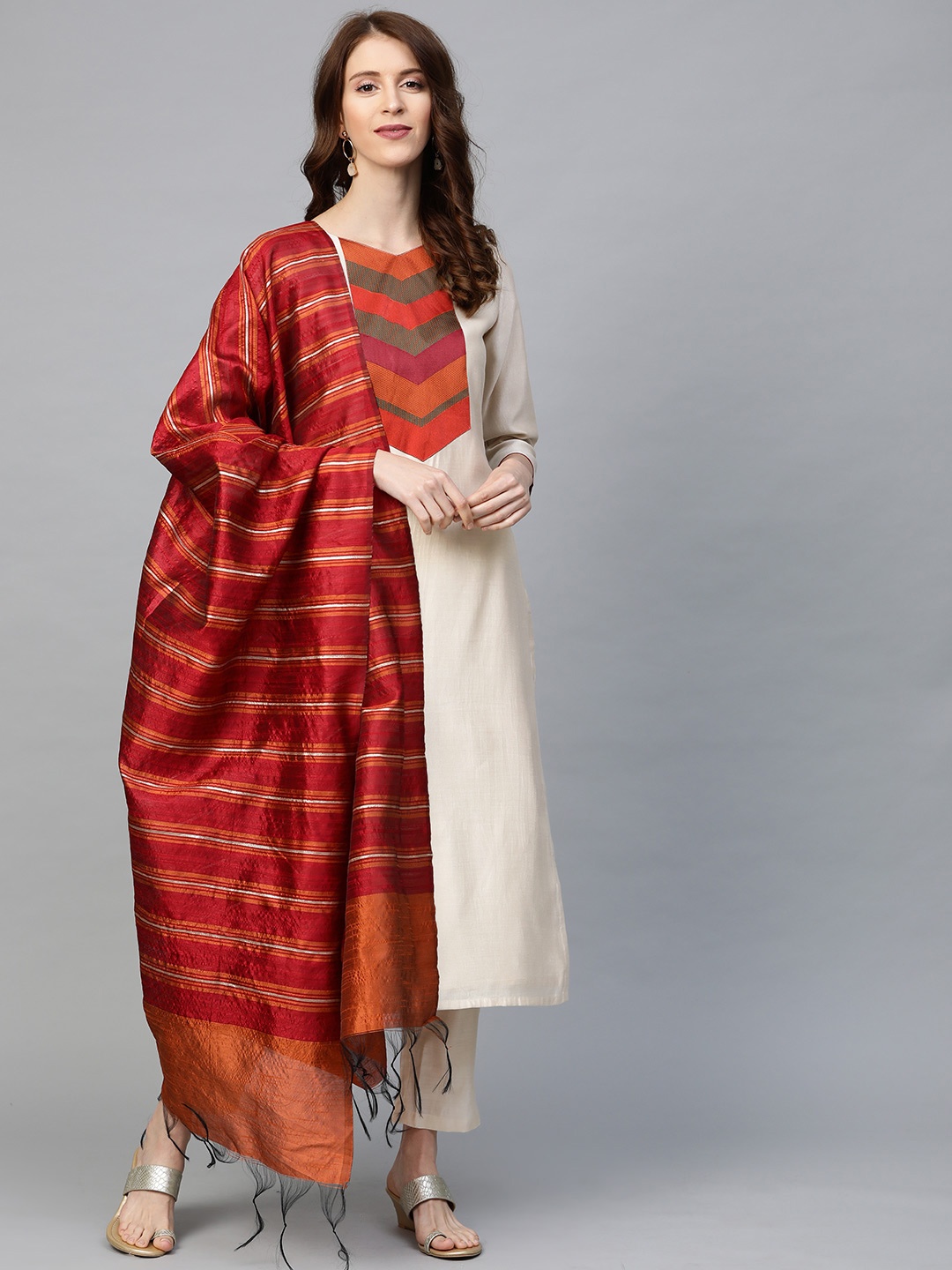 

Indo Era Women Off-White & Red Yoke Design Kurta with Palazzos & Dupatta