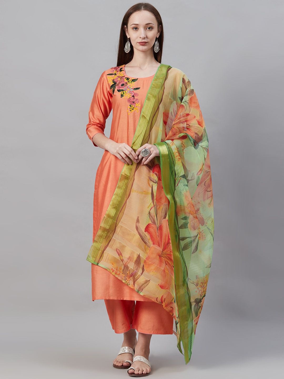 

Indo Era Women Orange & Green Yoke Design Kurta with Palazzos & Dupatta