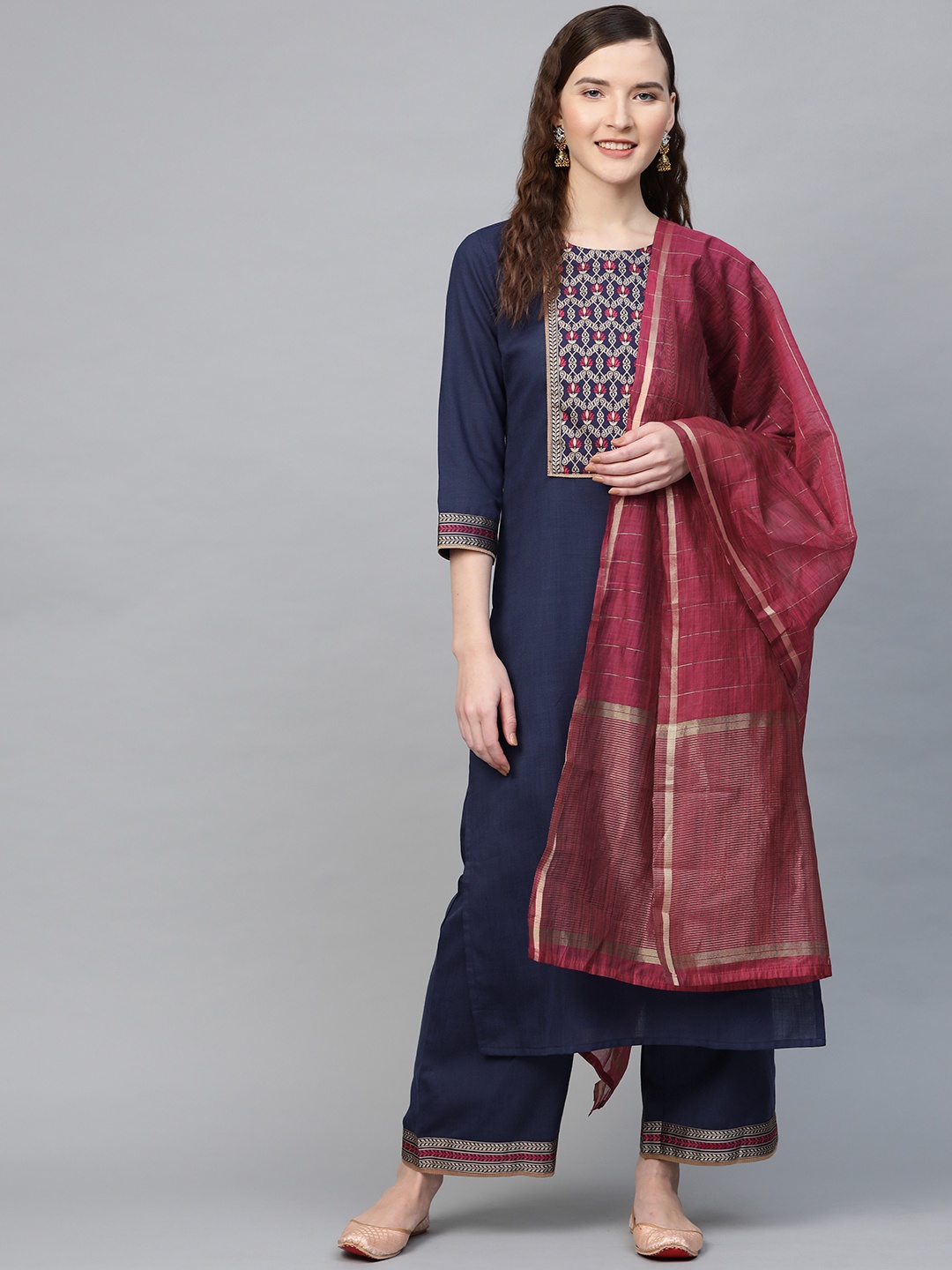 

Indo Era Women Navy Blue & Magenta Yoke Design Kurta with Palazzos & Dupatta