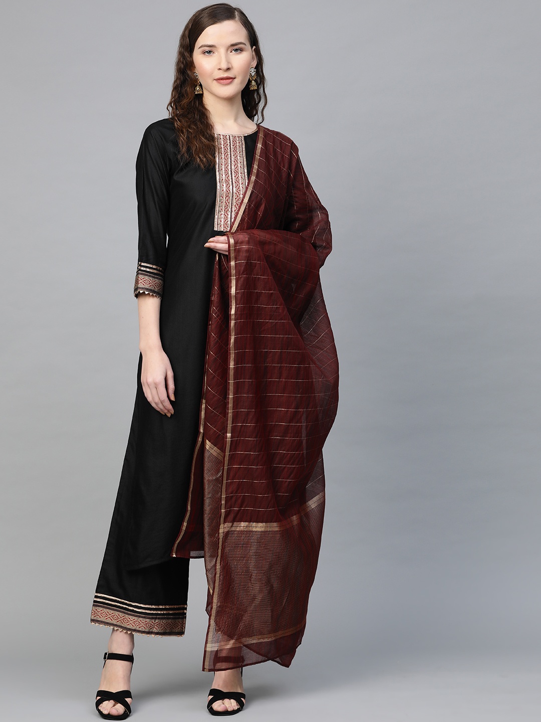 

Indo Era Women Black & Burgundy Yoke Design Kurta with Palazzos & Dupatta