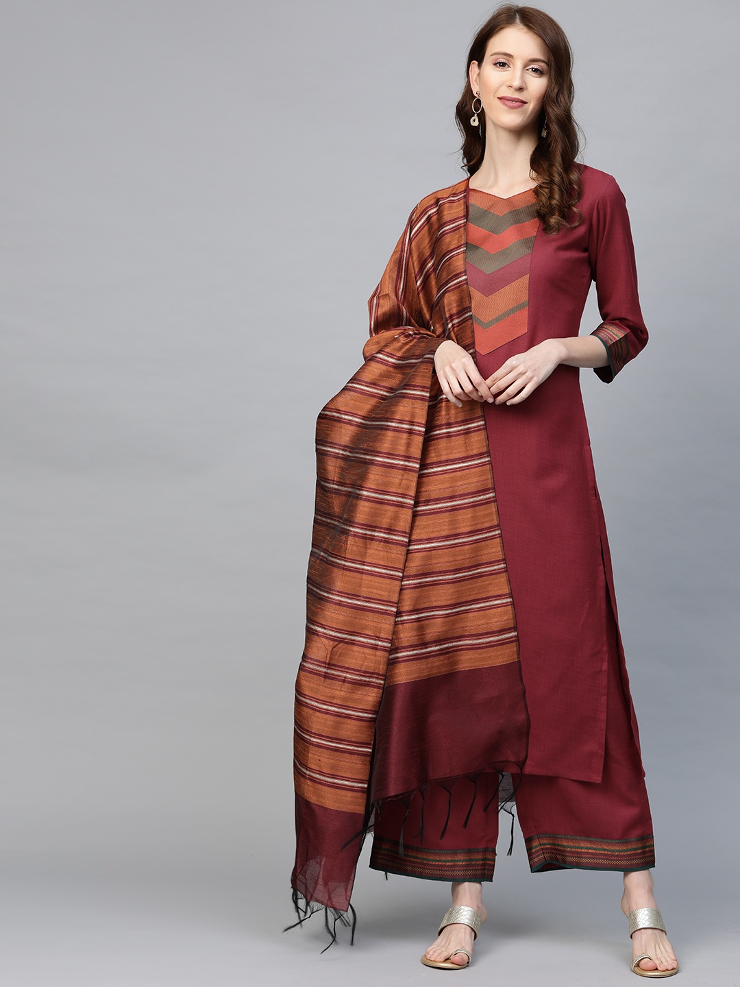 

Indo Era Women Maroon & Orange Yoke Design Kurta with Palazzos & Dupatta