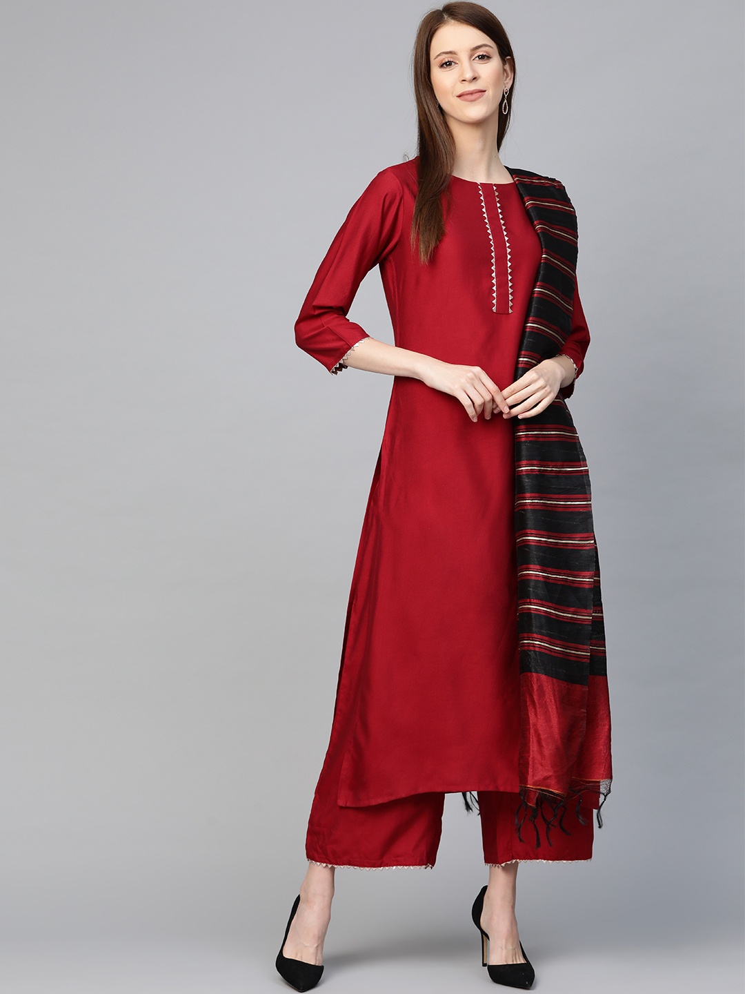 

Indo Era Women Maroon & Black Solid Kurta with Palazzos & Dupatta