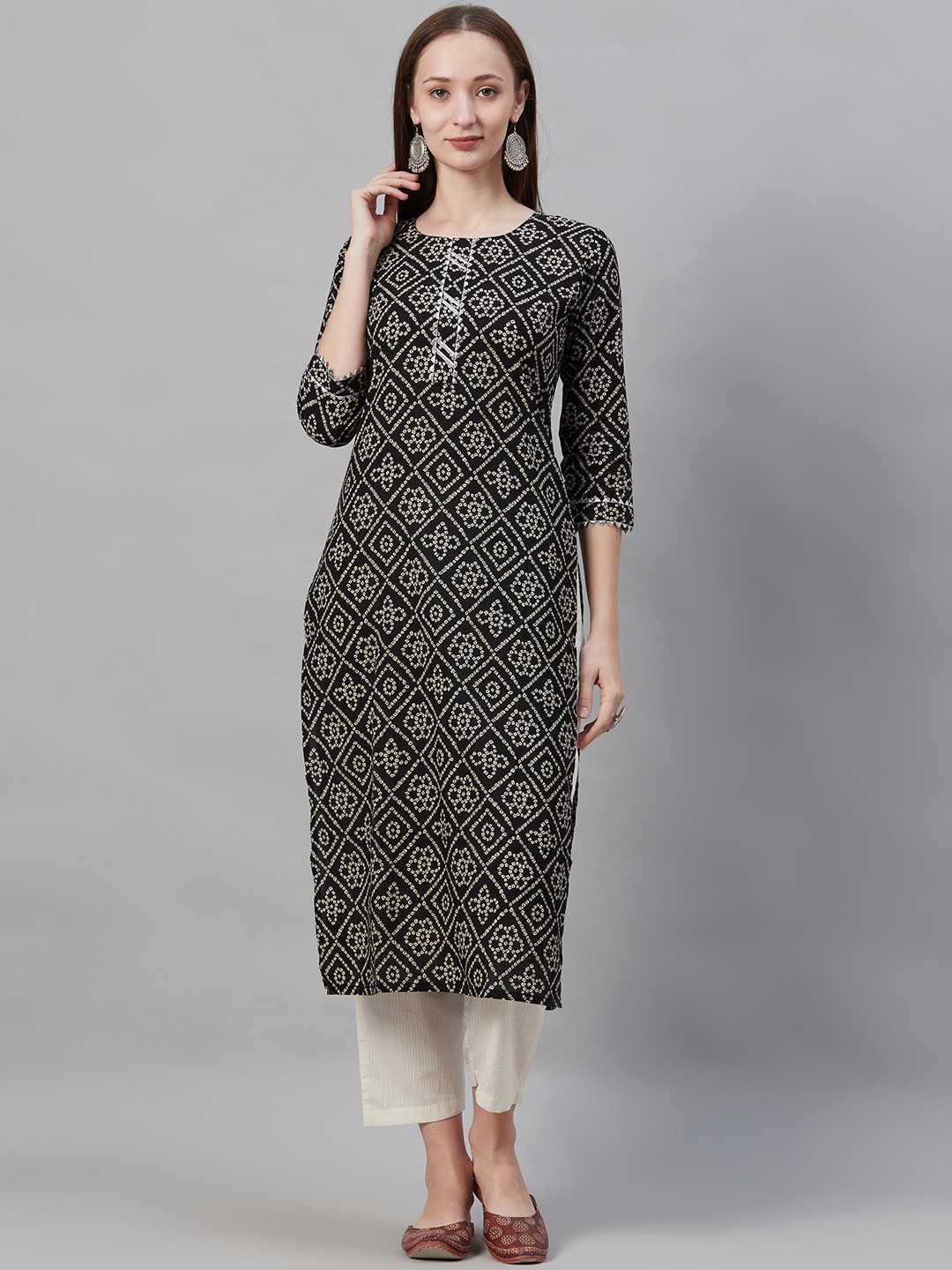 

Indo Era Women Black & White Bandhani Print Straight Kurta