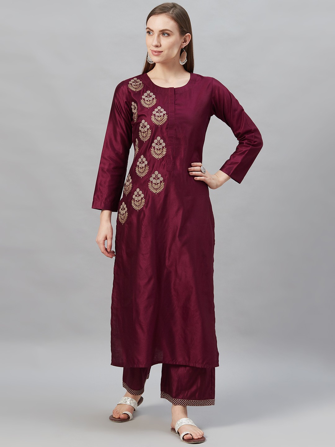

Indo Era Women Burgundy & Golden Zari Embroidered Kurta with Palazzos