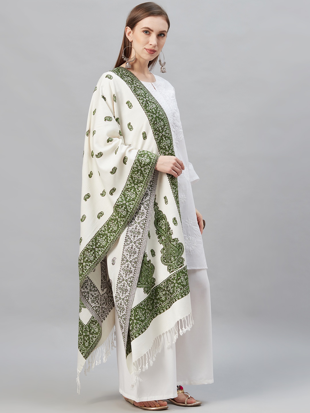 

Indo Era White & Green Paisley Woven Design Pashmina Silk Stole