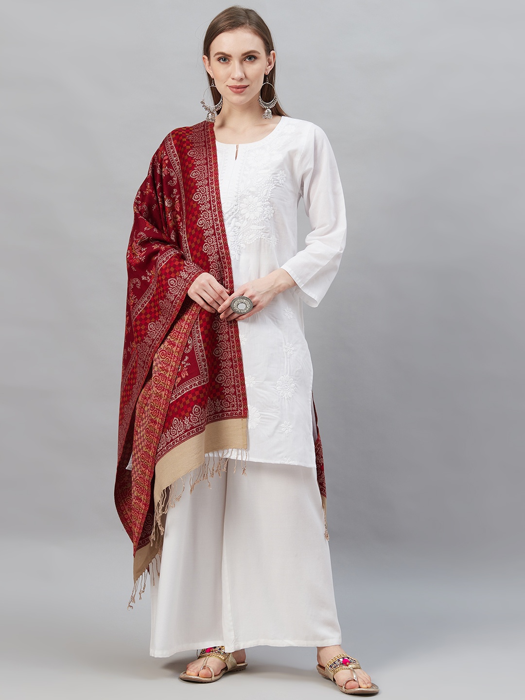 

Indo Era Maroon & Off-White Woven Design Pashmina Silk Stole