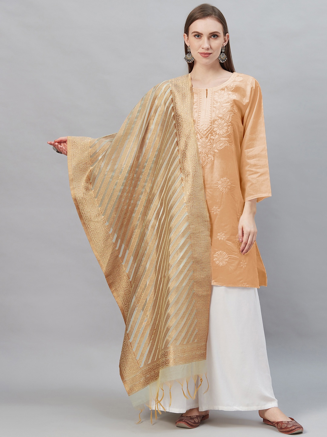 

Indo Era Golden & Green Striped Tasselled Dupatta, Gold