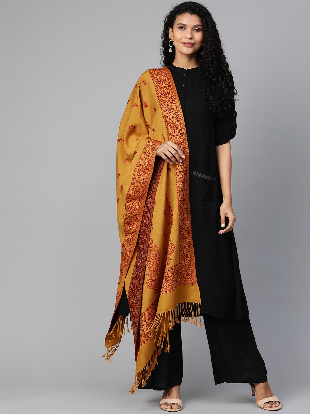 

Indo Era Women Mustard Yellow & Maroon Woven Design Winter Stole