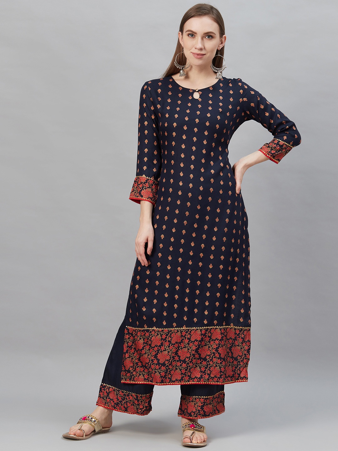 

Indo Era Women Navy Blue & Red Ethnic Foil Printed Kurta with Palazzos